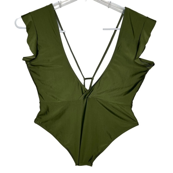 Olive Green One Piece Swim Suit Size 3X Plunging V-Neck Open Back Flutter Sleeve - Picture 4 of 16